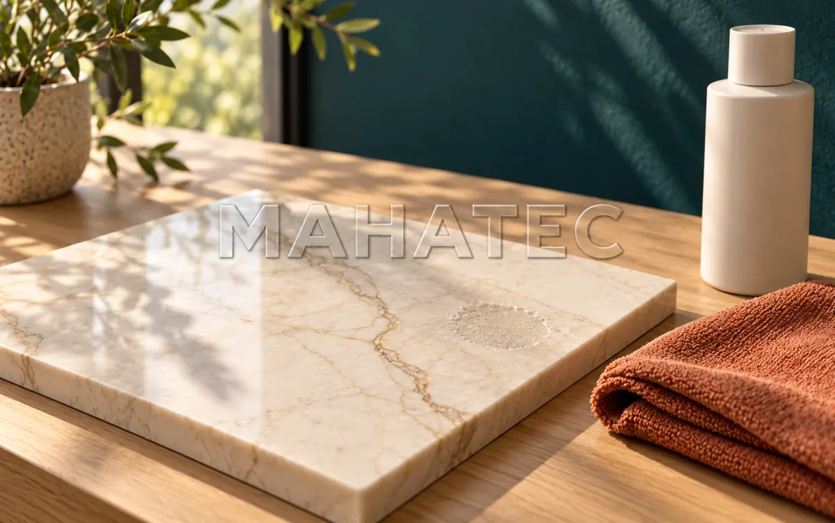 تصویرسازی آموزشی از بررسی سطح مرمر و ابزار ساده نگهداری؛ با نشان برجسته MAHATEC