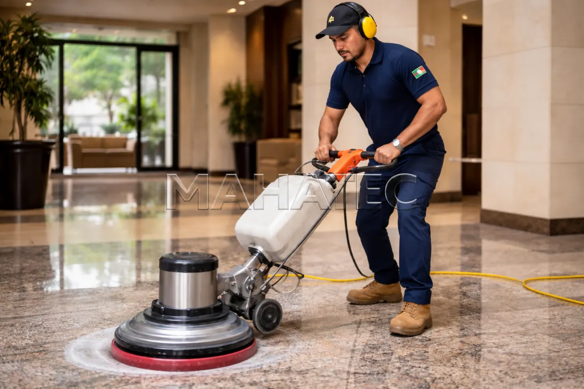 کار با دستگاه تک‌دیسک روی کف سنگی ساختمان